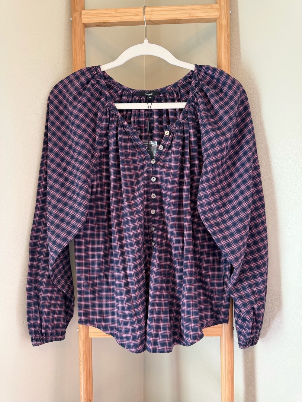 Rails Navy and Pink Plaid Button-Front Peasant Blouse